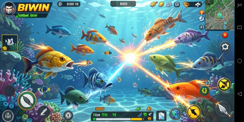 Tampilan gameplay seru dari BIWIN saat menembak ikan.