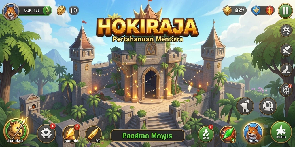 Tangkapan layar utama HOKIRAJA menampilkan aksi seru Tower Defense.