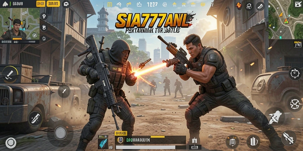 Screenshot SIA777 menampilkan aksi pertempuran intens di arena Battle Royale.