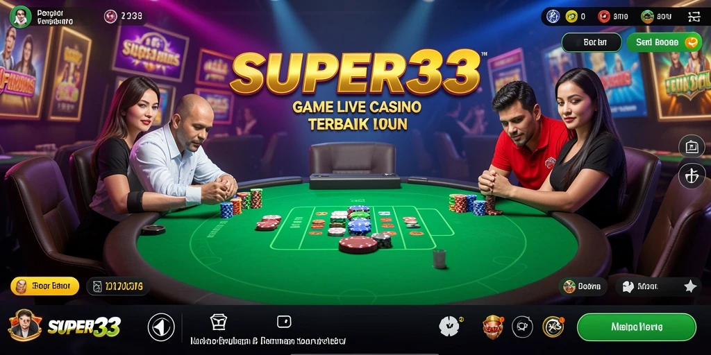 Screenshot gameplay SUPER33 dengan dealer live dan suasana kasino menawan.