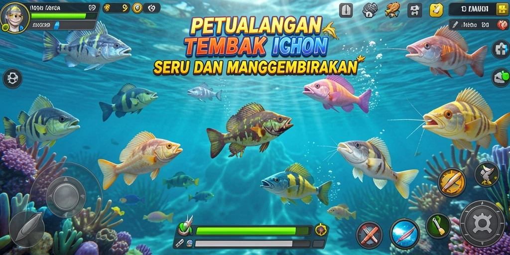Tangkapan layar gameplay seru V98 dengan berbagai jenis ikan yang menarik.
